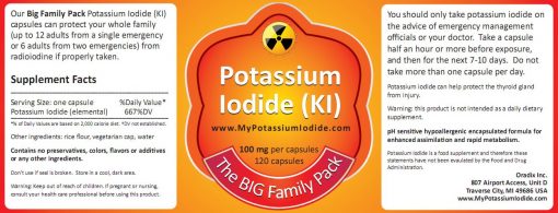 Potassium Iodide, KI, (one bottle only), 100mg, 120 caps, the "Big Family Pack"