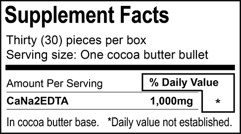 Quantity per Box: 30 Suppositories Ingredients: 30 x 1000mg (30,000mg) CaNa2EDTA, Cocoa Butter