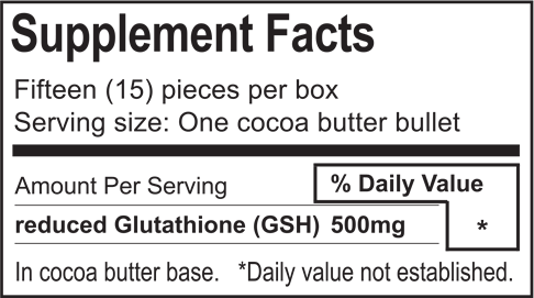 Quantity per Box: 15 Suppositories Ingredients: 15 x 500mg (7,500mg) reduced Glutathione, Cocoa Butter